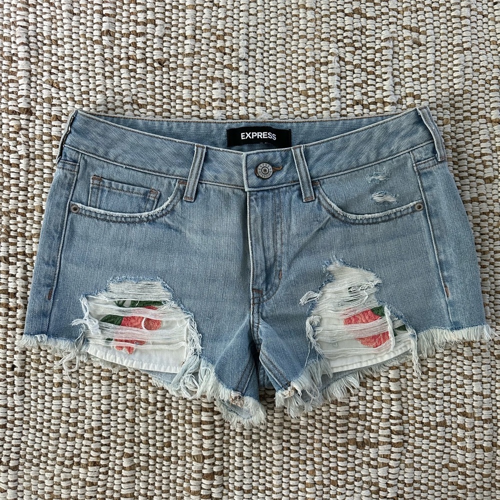 Express Light Blue Distressed Jean Shorts